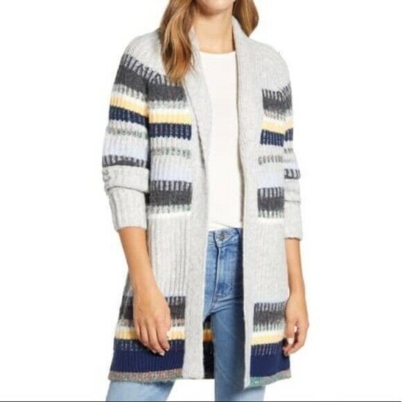 Caslon Sweaters - Caslon Gray Staggered Stripe Open Cardigan Sweater